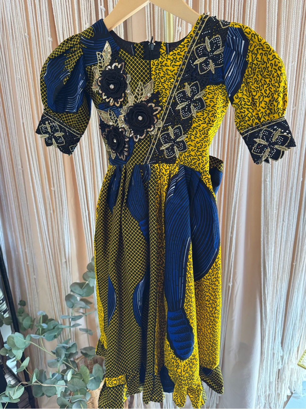 African Wax Print Ankara Children’s short sleeve maxi dress gown lace flower bow - Picture 14 of 16